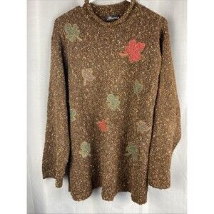 Alliance Womens Plus Sz 22/24W Brown With Leaves Roll Collar Long Sleeve Sweater